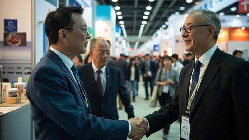 Buyer and exhibitor shaking hands at a trade fair booth