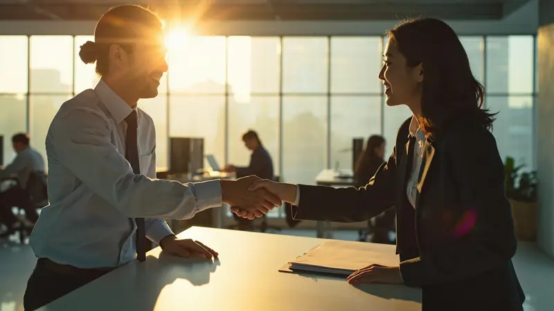 HR manager welcoming a new employee in a modern office