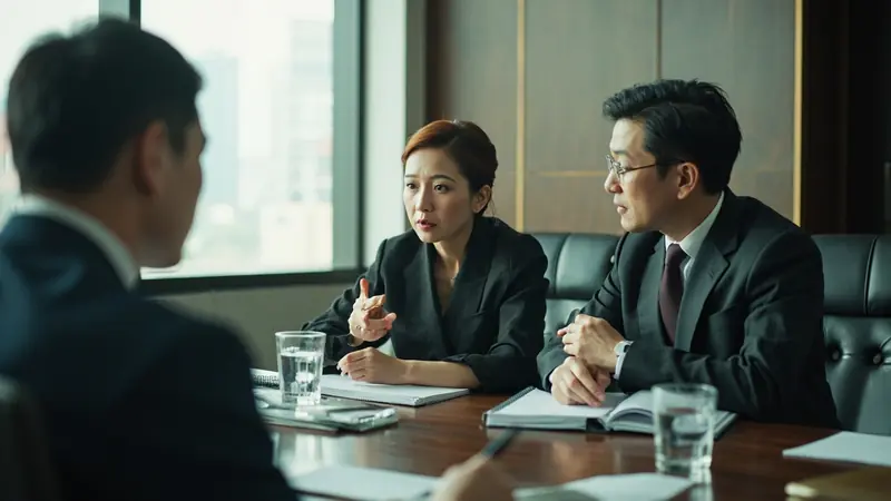 Interpreter translating between an international buyer and a Chinese supplier in a meeting