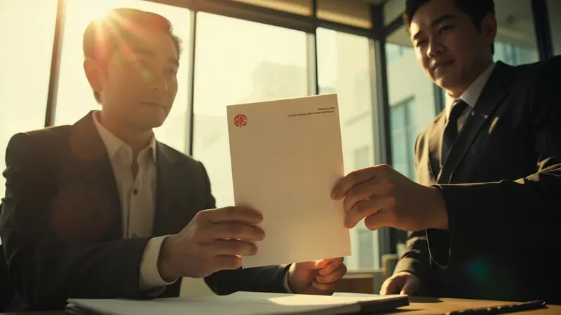 Consultant handing an official stamped invitation letter to a visiting businessman
