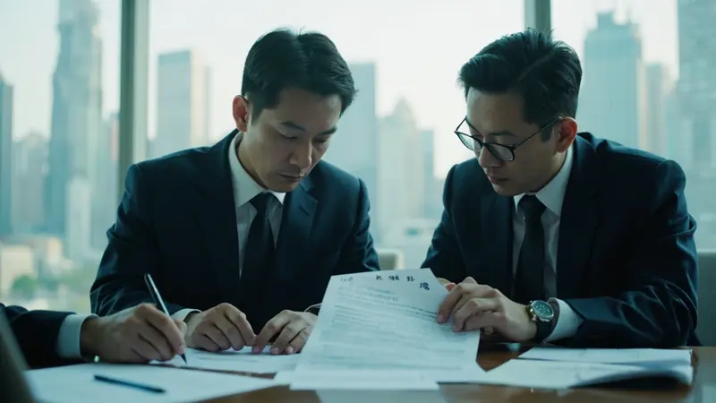 Lawyer walking clients through a bilingual contract in a meeting room