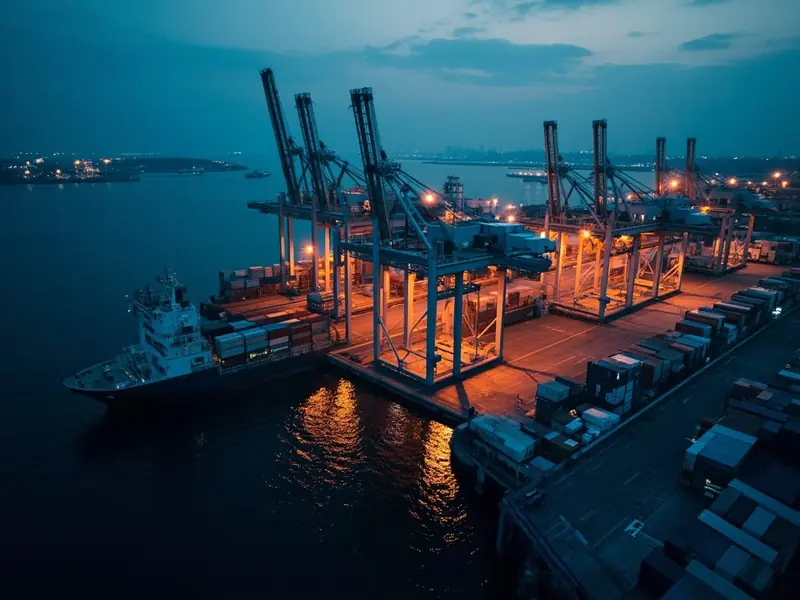 Container port at dusk from above