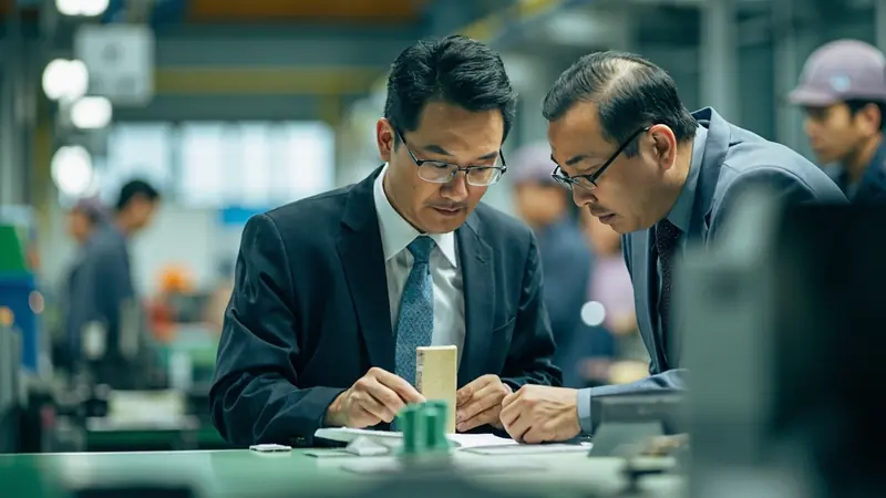 Buyer and factory manager inspecting a product sample on the production line