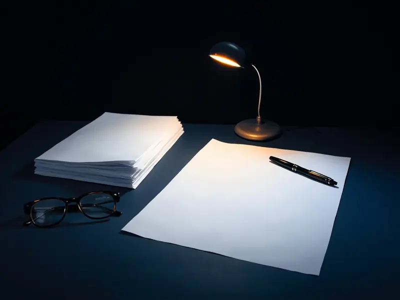 Financial statements and pen under a desk lamp