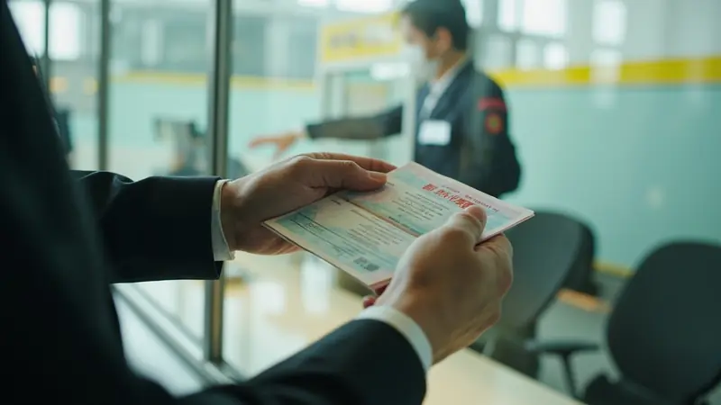 Traveller receiving a passport with a Chinese work visa at a service counter