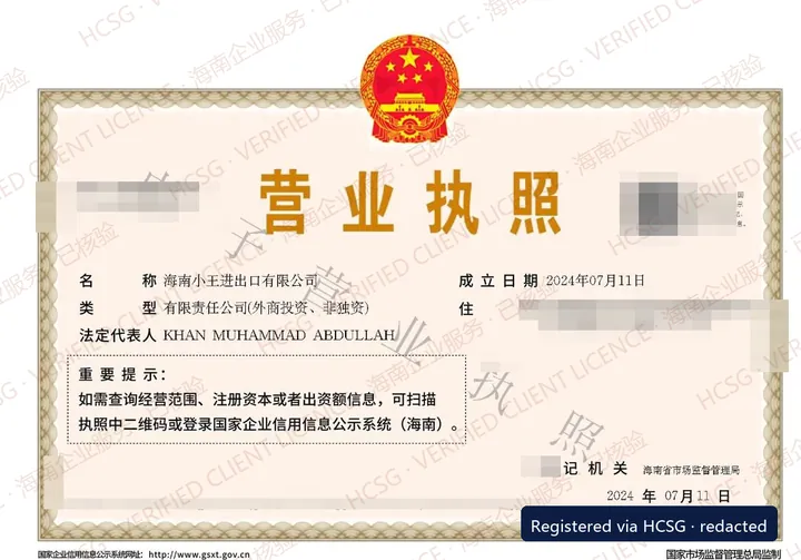 Business licence of 海南小王进出口有限公司, watermarked and redacted