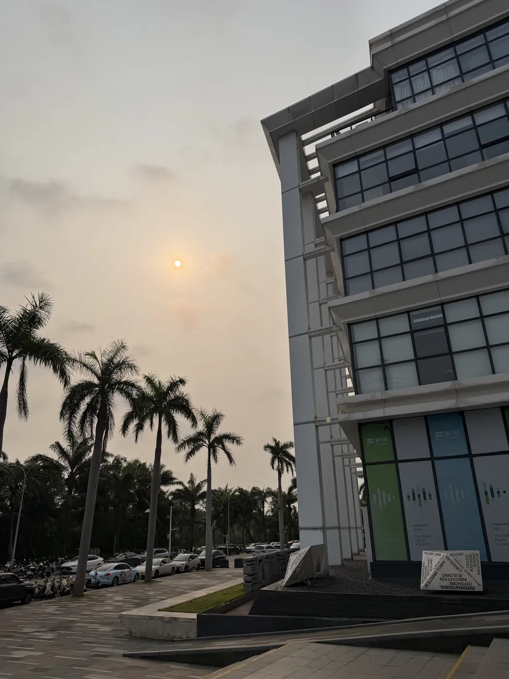The HCSG office building at golden hour with Haikou palms