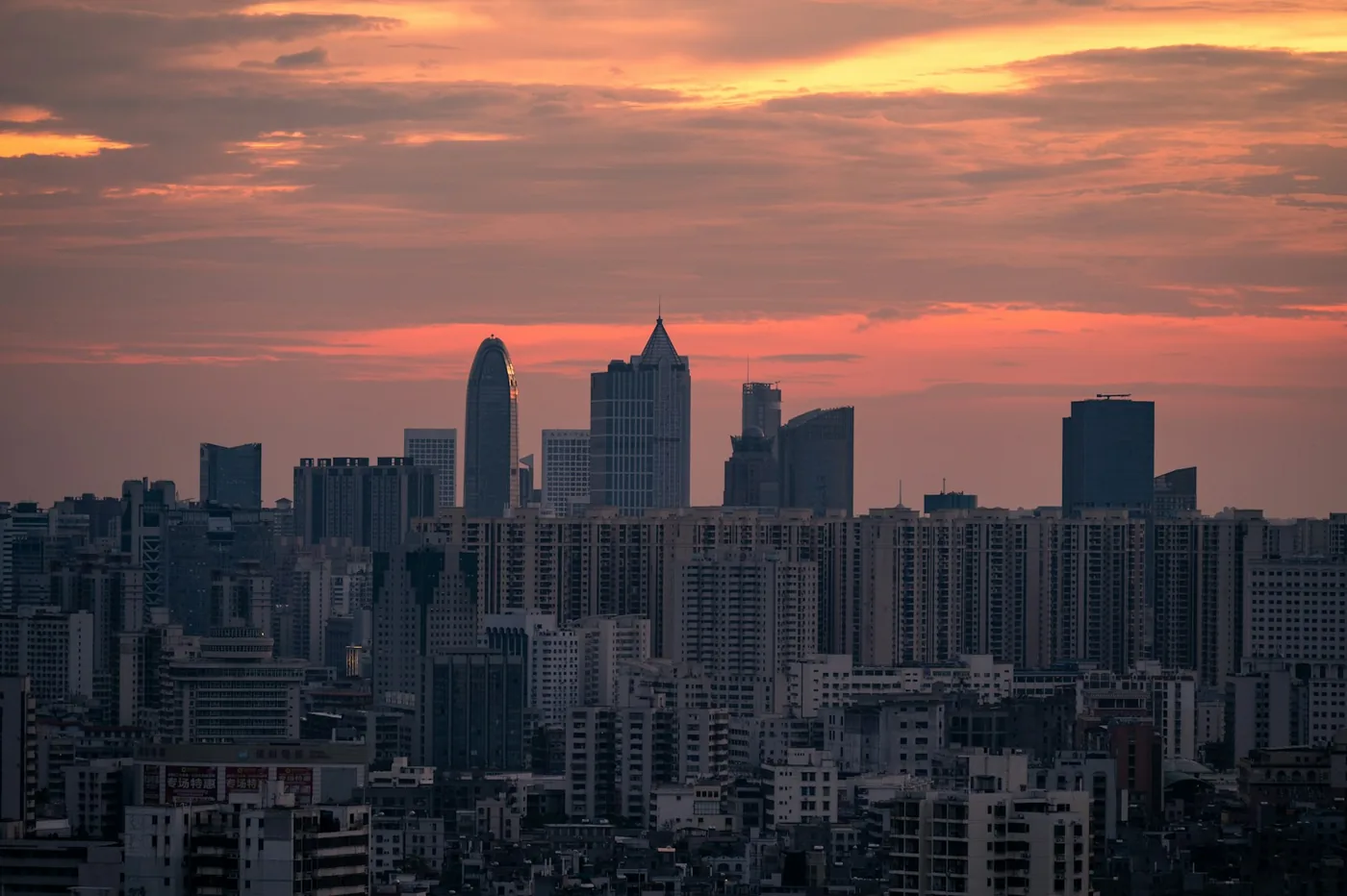 The real Haikou skyline at golden hour, Hainan